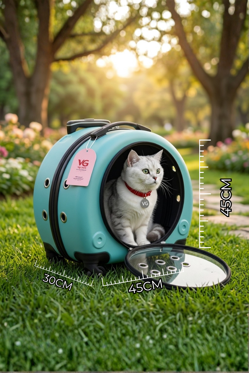 VG Premium Şeffaf Panoramik Kedi Taşıma Valizi XL – Çekçekli & Tekerlekli Pet Taşıma Çantası Turkuaz