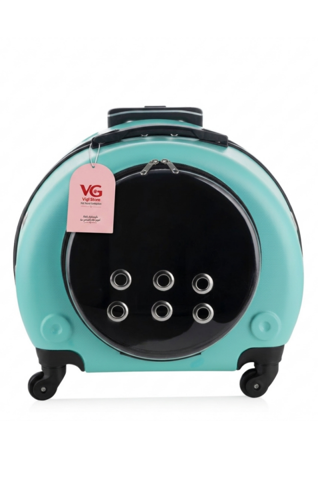 VG Premium Şeffaf Panoramik Kedi Taşıma Valizi XL – Çekçekli & Tekerlekli Pet Taşıma Çantası Turkuaz