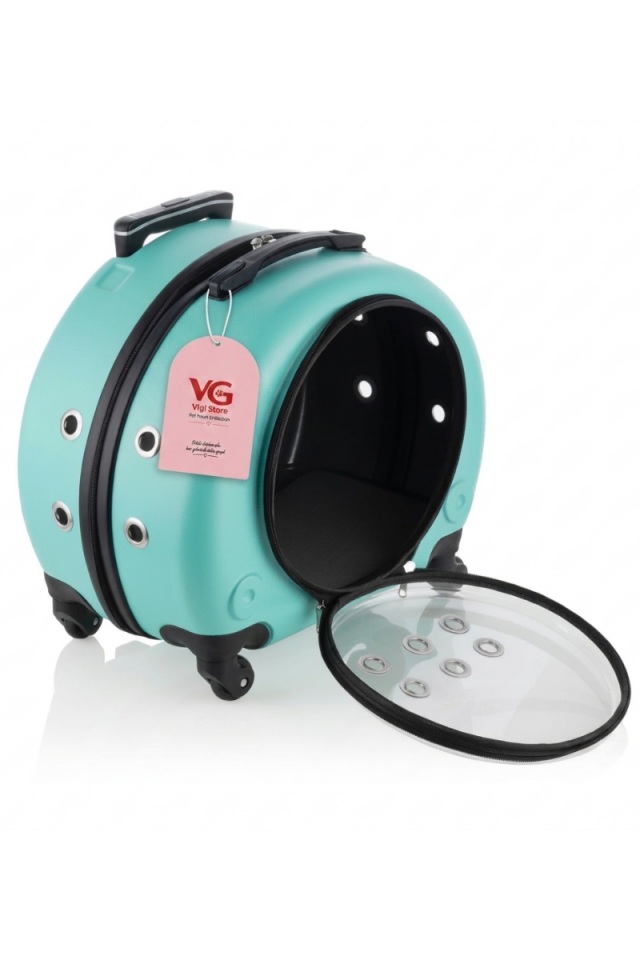 VG Premium Şeffaf Panoramik Kedi Taşıma Valizi XL – Çekçekli & Tekerlekli Pet Taşıma Çantası Turkuaz