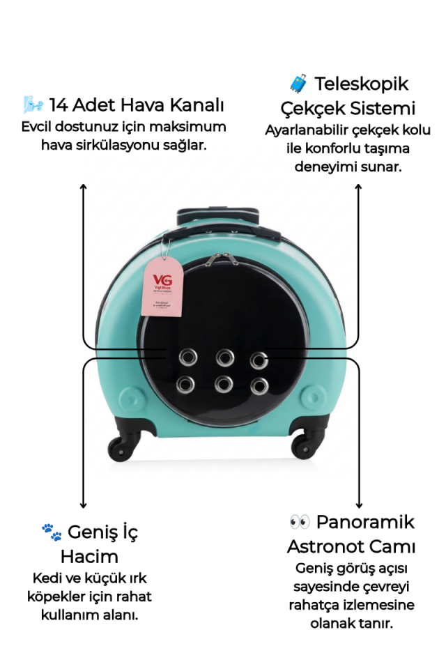 VG Premium Şeffaf Panoramik Kedi Taşıma Valizi XL – Çekçekli & Tekerlekli Pet Taşıma Çantası Turkuaz