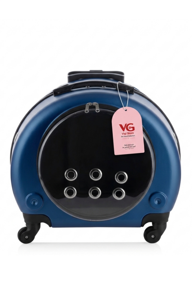 VG Premium Şeffaf Panoramik Kedi Taşıma Valizi XL – Çekçekli & Tekerlekli Pet Taşıma Çantası Mavi