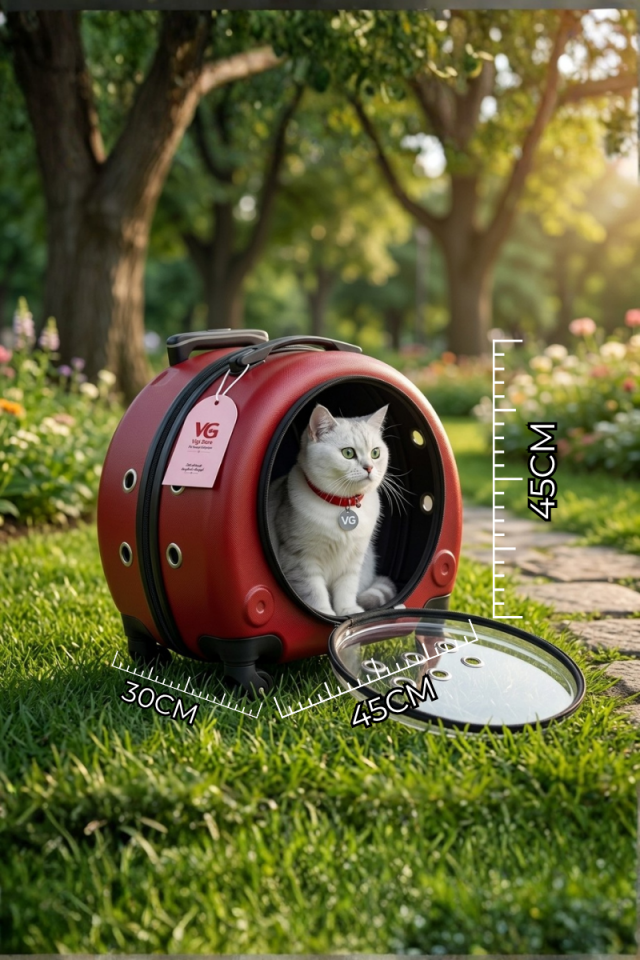 VG Premium Şeffaf Panoramik Kedi Taşıma Valizi XL – Çekçekli & Tekerlekli Pet Taşıma Çantası Kırmızı