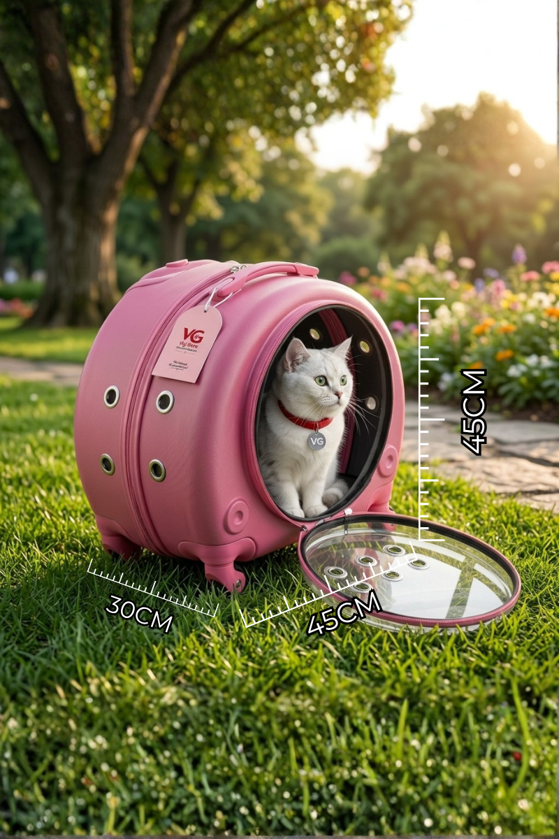 VG Premium Şeffaf Panoramik Kedi Taşıma Valizi XL – Çekçekli & Tekerlekli Pet Taşıma Çantası Pembe