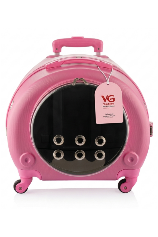 VG Premium Şeffaf Panoramik Kedi Taşıma Valizi XL – Çekçekli & Tekerlekli Pet Taşıma Çantası Pembe