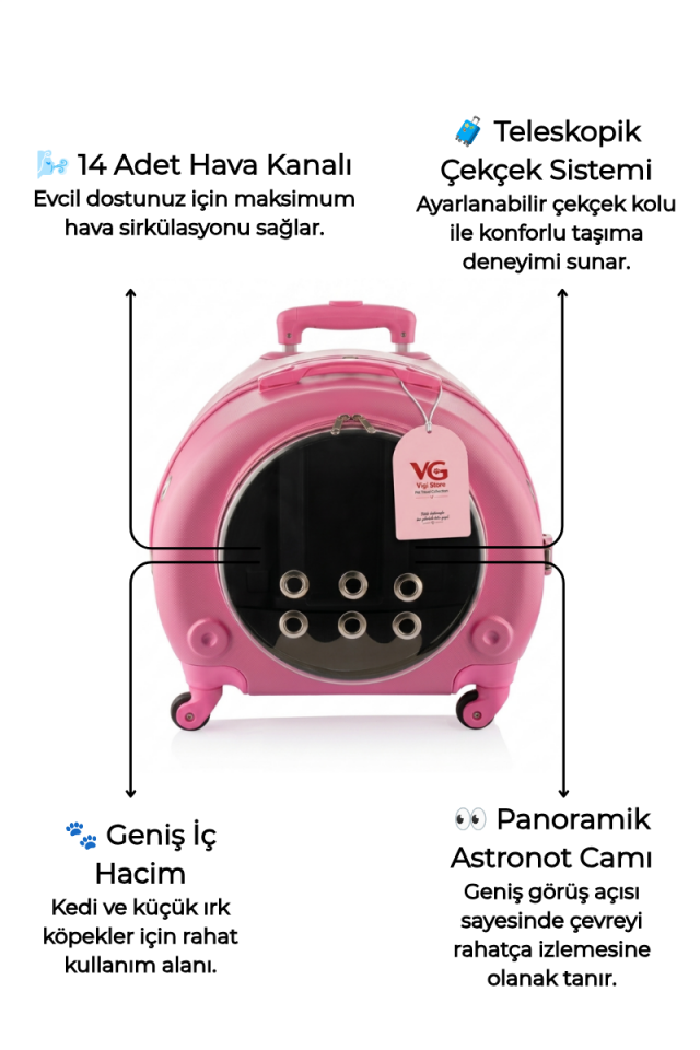 VG Premium Şeffaf Panoramik Kedi Taşıma Valizi XL – Çekçekli & Tekerlekli Pet Taşıma Çantası Pembe