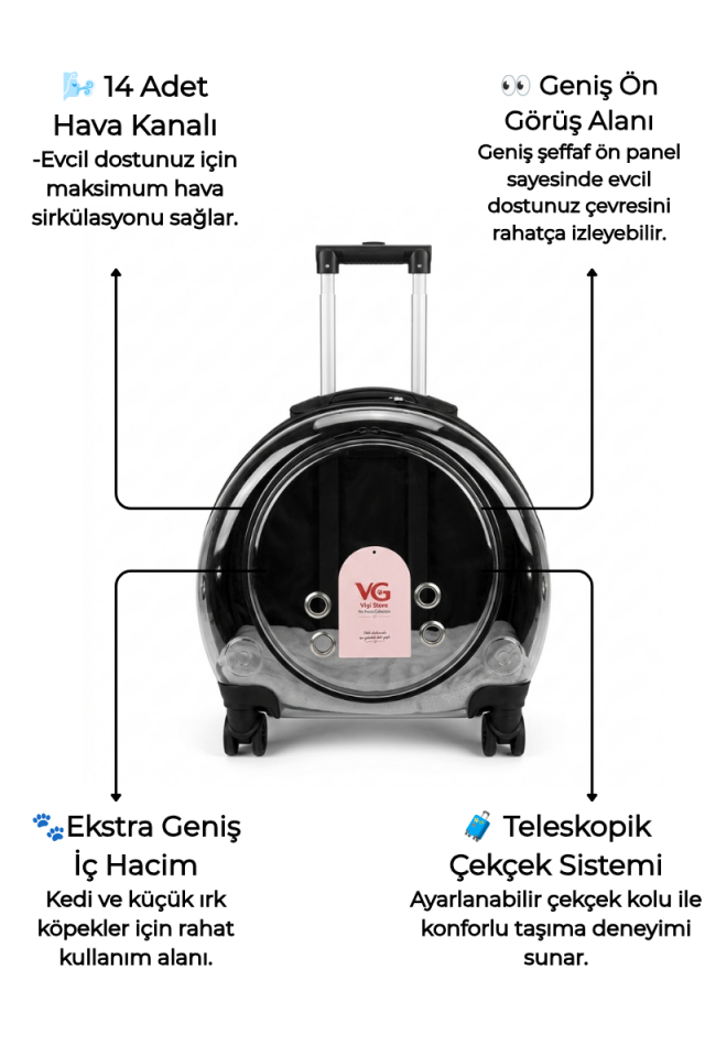 VG Premium XL Çekçekli Kedi Taşıma Valizi | Şeffaf Astronot Kedi & Küçük Köpek Taşıma Çantası Tekerlekli Siyah