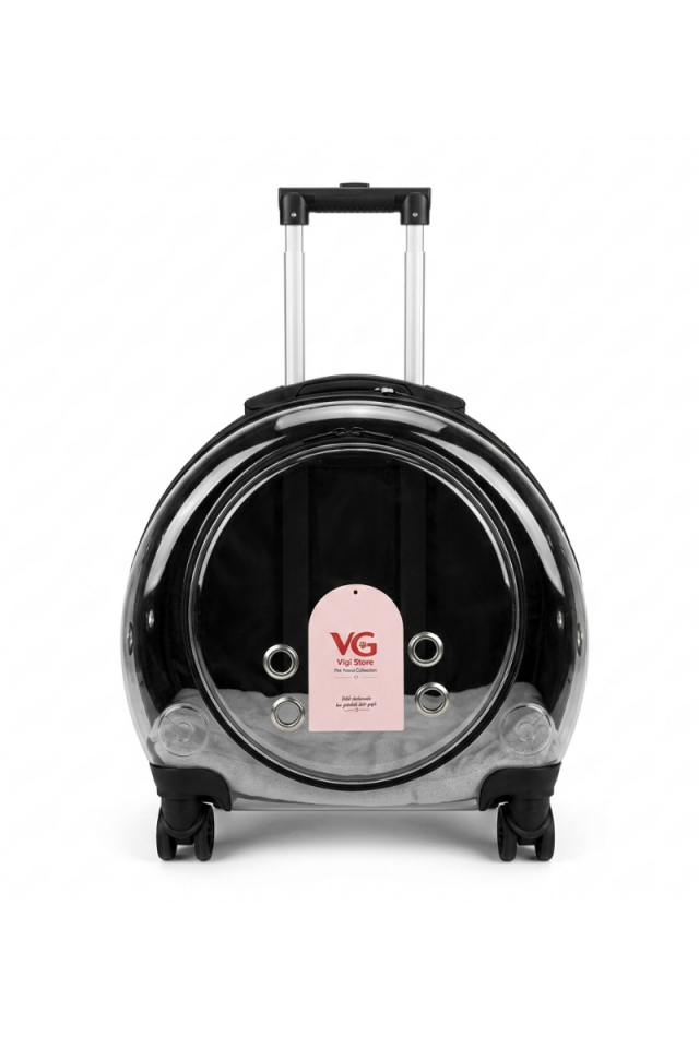VG Premium XL Çekçekli Kedi Taşıma Valizi | Şeffaf Astronot Kedi & Küçük Köpek Taşıma Çantası Tekerlekli Siyah