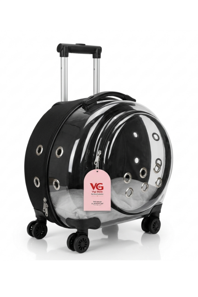 VG Premium XL Çekçekli Kedi Taşıma Valizi | Şeffaf Astronot Kedi & Küçük Köpek Taşıma Çantası Tekerlekli Siyah