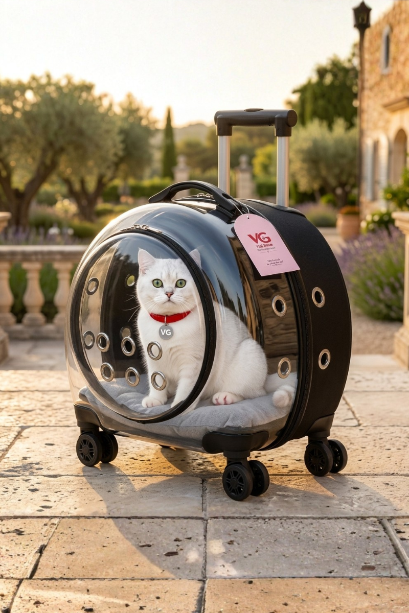 VG Premium XL Çekçekli Kedi Taşıma Valizi | Şeffaf Astronot Kedi & Küçük Köpek Taşıma Çantası Tekerlekli Siyah