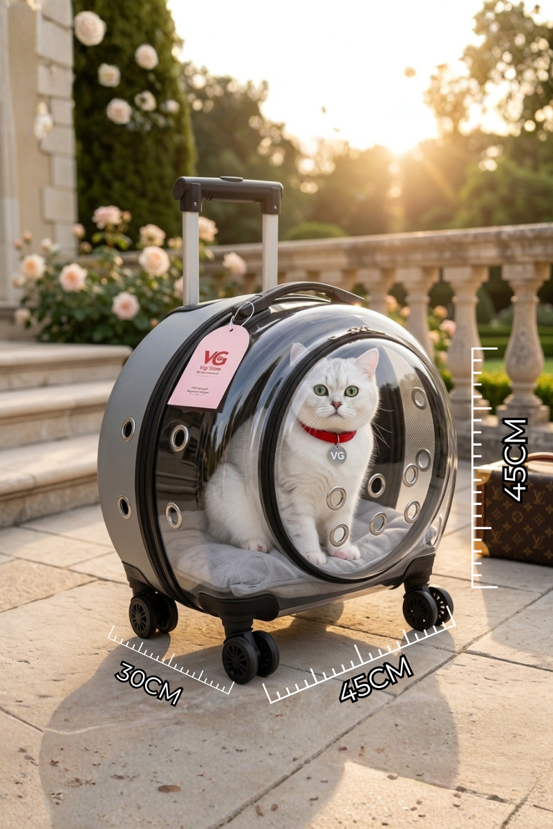 VG Premium XL Çekçekli Kedi Taşıma Valizi | Şeffaf Astronot Kedi & Küçük Köpek Taşıma Çantası Tekerlekli Gri