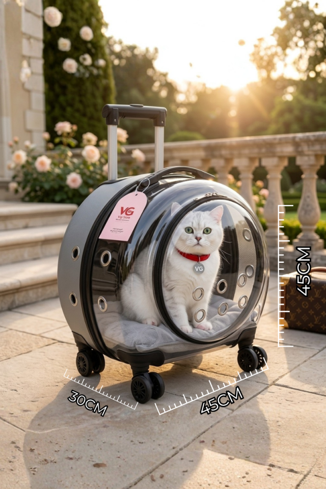 VG Premium XL Çekçekli Kedi Taşıma Valizi | Şeffaf Astronot Kedi & Küçük Köpek Taşıma Çantası Tekerlekli Gri