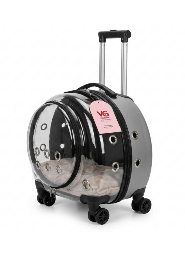VG Premium XL Çekçekli Kedi Taşıma Valizi | Şeffaf Astronot Kedi & Küçük Köpek Taşıma Çantası Tekerlekli Gri