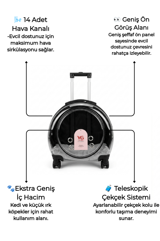 VG Premium XL Çekçekli Kedi Taşıma Valizi | Şeffaf Astronot Kedi & Küçük Köpek Taşıma Çantası Tekerlekli Gri
