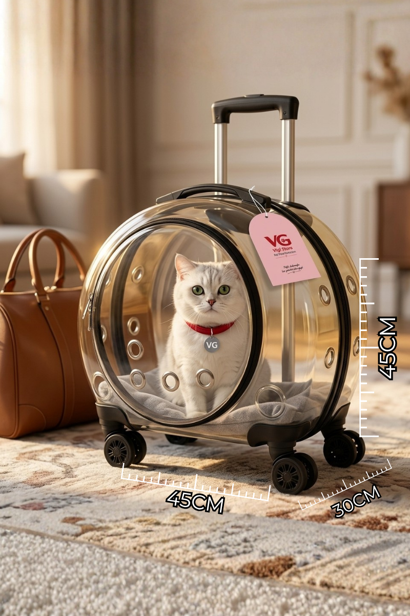 VG Premium XL Çekçekli Kedi Taşıma Valizi | Şeffaf Astronot Kedi & Küçük Köpek Taşıma Çantası Tekerlekli Şeffaf