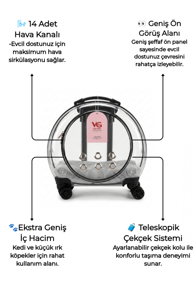 VG Premium XL Çekçekli Kedi Taşıma Valizi | Şeffaf Astronot Kedi & Küçük Köpek Taşıma Çantası Tekerlekli Şeffaf