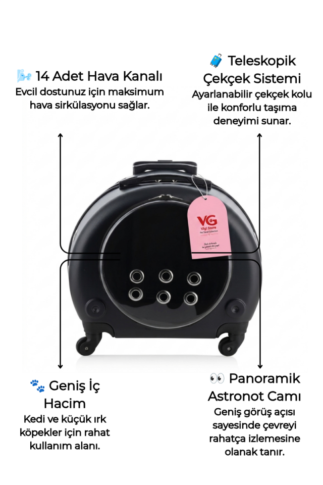 VG Premium Şeffaf Panoramik Kedi Taşıma Valizi XL – Çekçekli & Tekerlekli Pet Taşıma Çantası