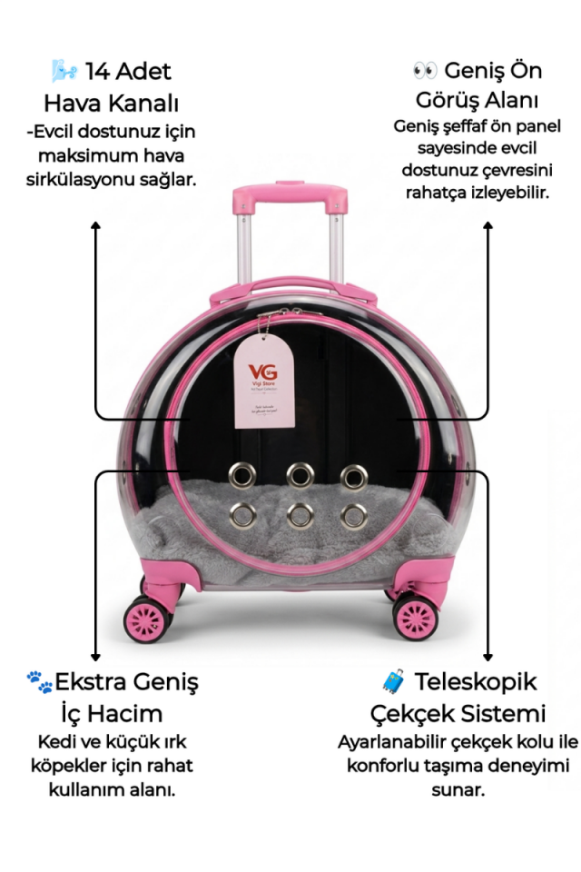 VG Premium XL Çekçekli Kedi Taşıma Valizi | Şeffaf Astronot Kedi & Küçük Köpek Taşıma Çantası Tekerlekli