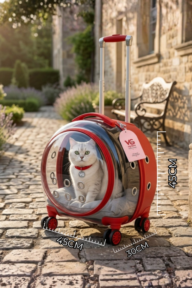 VG Premium XL Çekçekli Kedi Taşıma Valizi | Şeffaf Astronot Kedi & Küçük Köpek Taşıma Çantası Tekerlekli Kırmızı