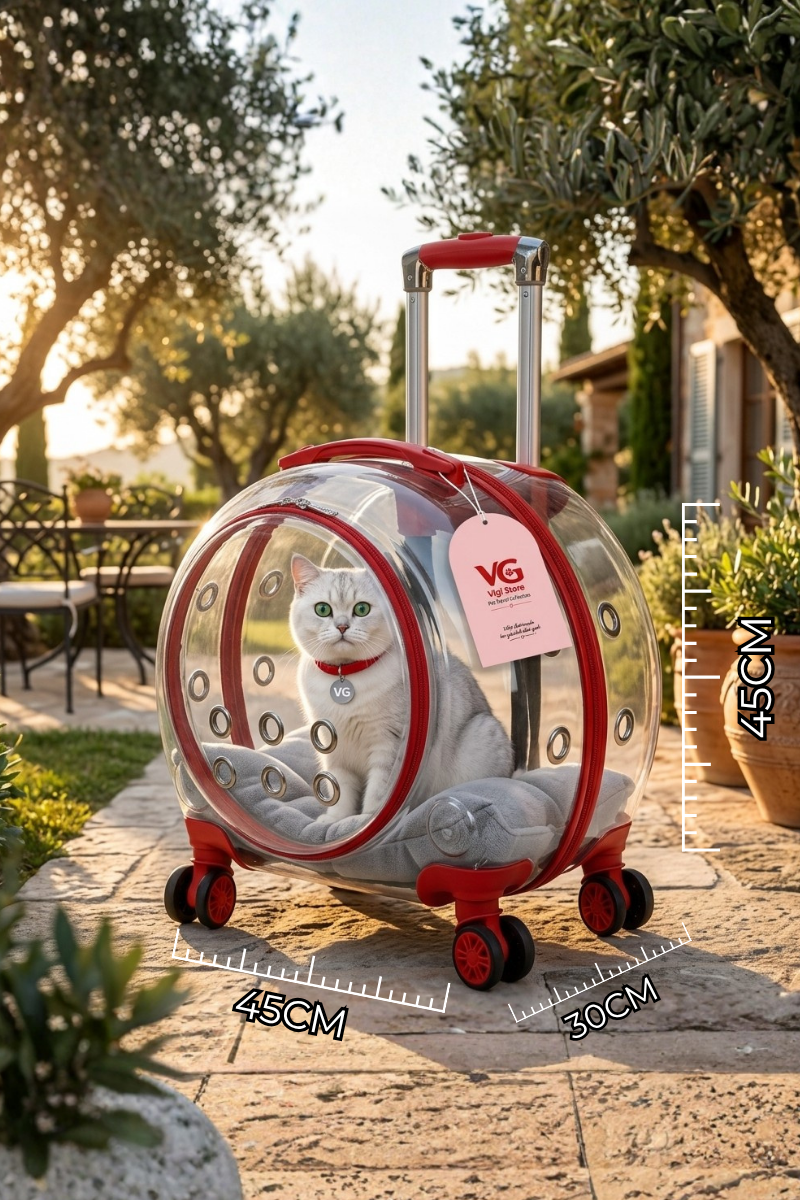 VG Premium XL Çekçekli Kedi Taşıma Valizi | Şeffaf Astronot Kedi & Küçük Köpek Taşıma Çantası Tekerlekli Şeffaf-Kırmızı