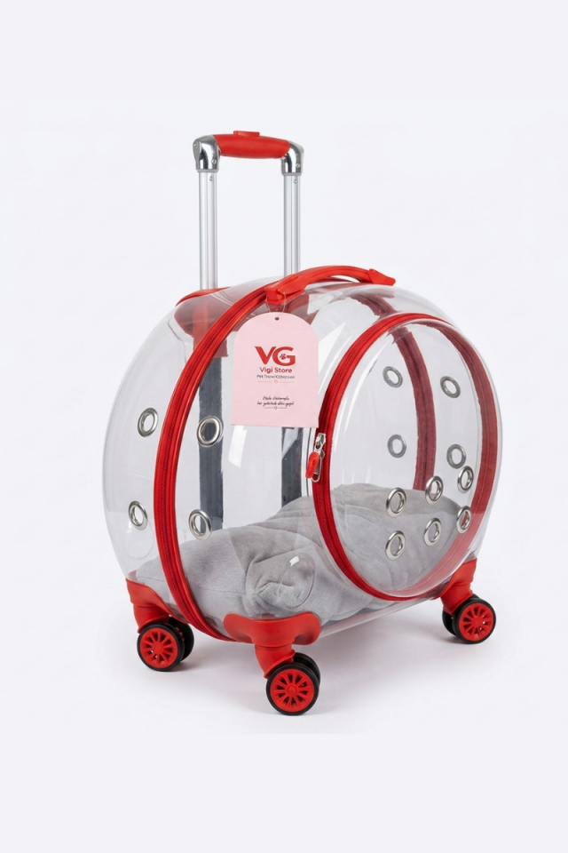 VG Premium XL Çekçekli Kedi Taşıma Valizi | Şeffaf Astronot Kedi & Küçük Köpek Taşıma Çantası Tekerlekli Şeffaf-Kırmızı