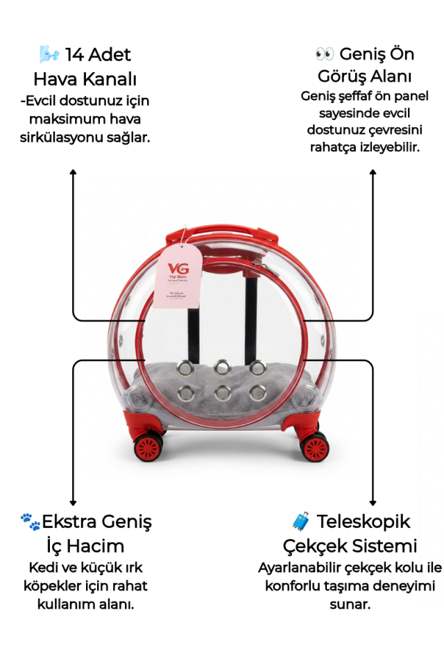 VG Premium XL Çekçekli Kedi Taşıma Valizi | Şeffaf Astronot Kedi & Küçük Köpek Taşıma Çantası Tekerlekli Şeffaf-Kırmızı