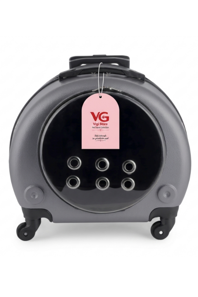 VG Premium Şeffaf Panoramik Kedi Taşıma Valizi XL – Çekçekli & Tekerlekli Pet Taşıma Çantası Gri