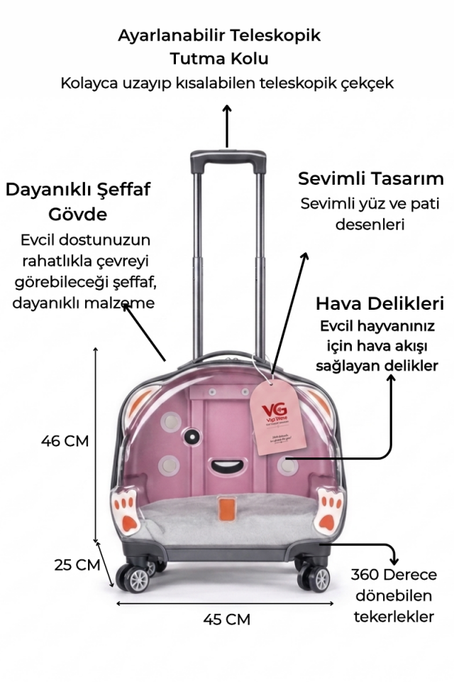 Şeffaf Tekerlekli Kedi Taşıma Valizi XL | Çekçekli Kedi ve Köpek Taşıma Çantası | Açık Gri | Vigi Store Pembe