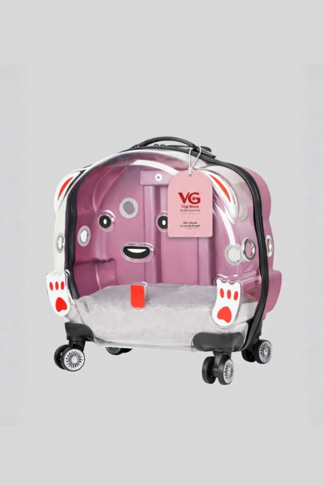 Şeffaf Tekerlekli Kedi Taşıma Valizi XL | Çekçekli Kedi ve Köpek Taşıma Çantası | Açık Gri | Vigi Store Pembe
