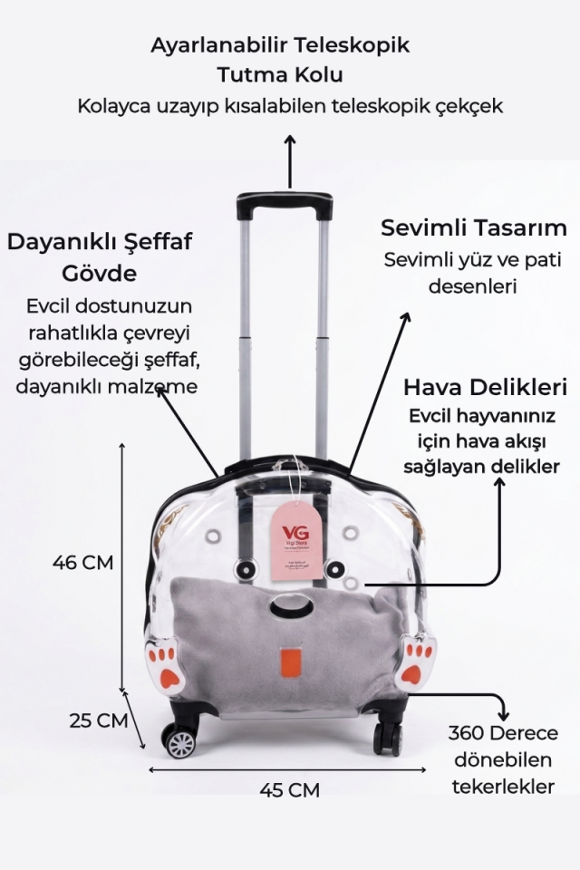 Şeffaf Tekerlekli Kedi Taşıma Valizi XL | Çekçekli Kedi ve Köpek Taşıma Çantası | Açık Gri | Vigi Store Şeffaf
