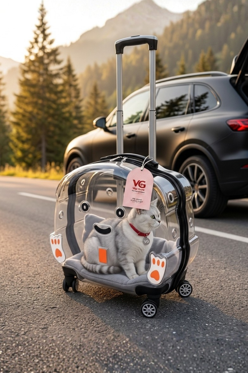 Şeffaf Tekerlekli Kedi Taşıma Valizi XL | Çekçekli Kedi ve Köpek Taşıma Çantası | Açık Gri | Vigi Store Şeffaf
