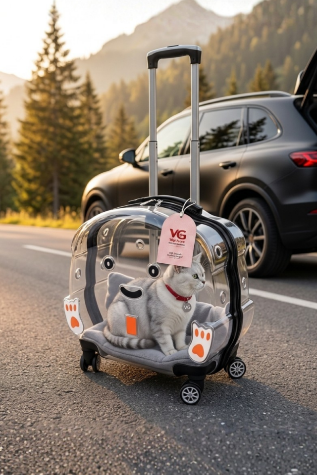 Şeffaf Tekerlekli Kedi Taşıma Valizi XL | Çekçekli Kedi ve Köpek Taşıma Çantası | Açık Gri | Vigi Store Şeffaf