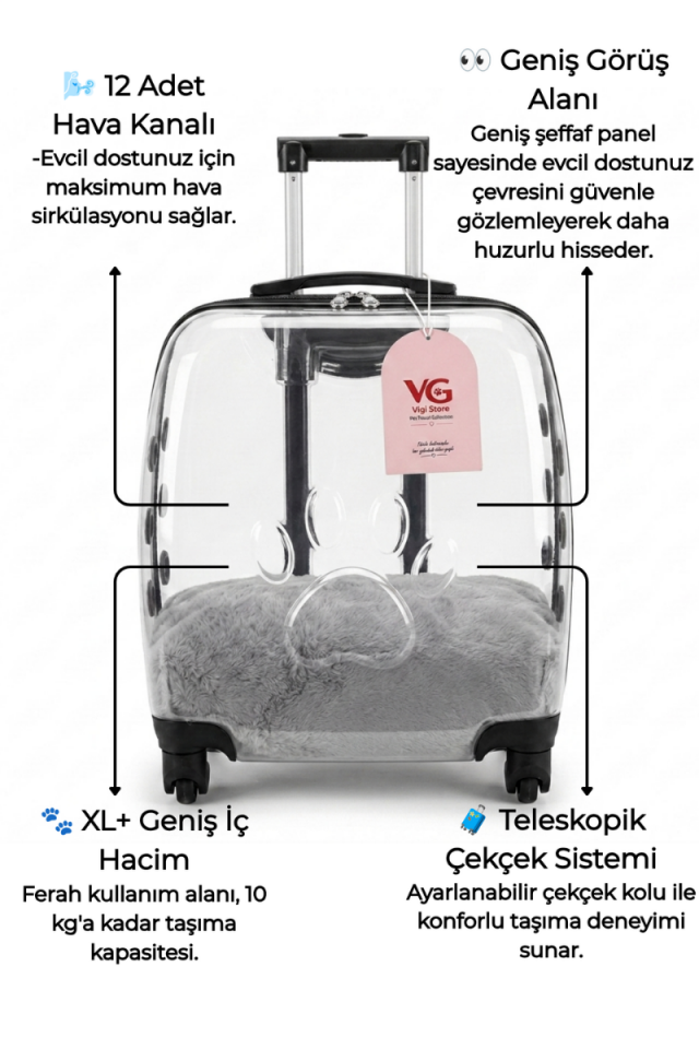 VG Premium Şeffaf Kedi ve Köpek Taşıma Valizi | Çekçekli Tekerlekli Pet Taşıma Çantası
