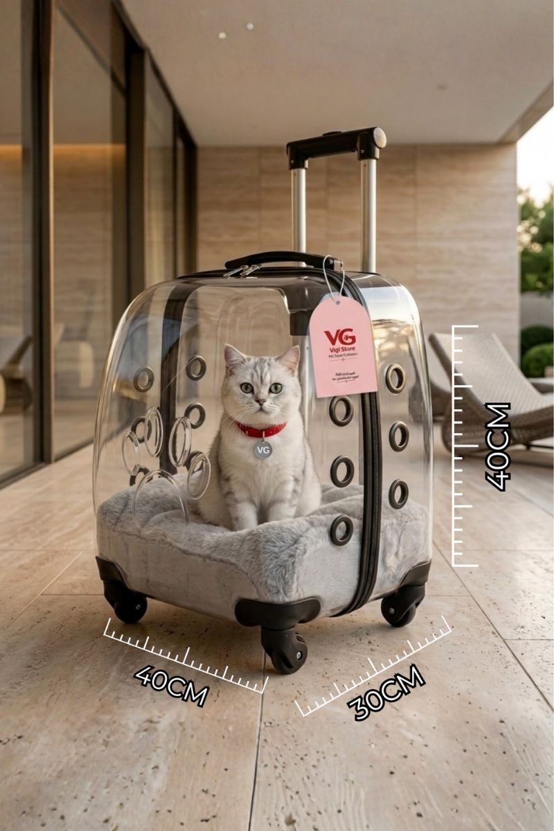 VG Premium Şeffaf Kedi ve Köpek Taşıma Valizi | Çekçekli Tekerlekli Pet Taşıma Çantası