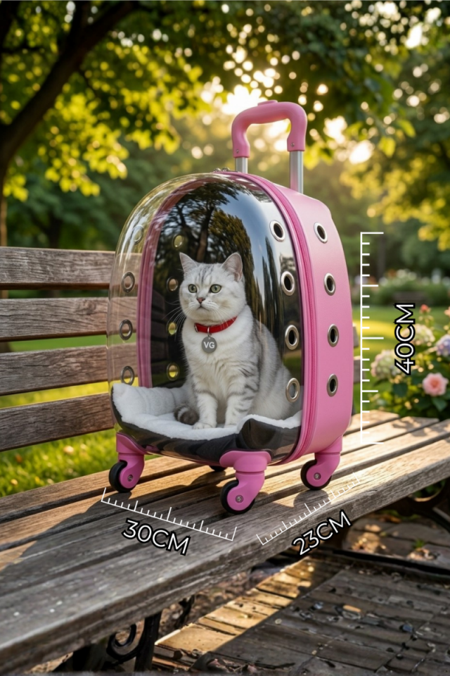 VG Astronot Şeffaf Kedi ve Köpek Taşıma Valizi | Tekerlekli Pet Taşıma Çantası