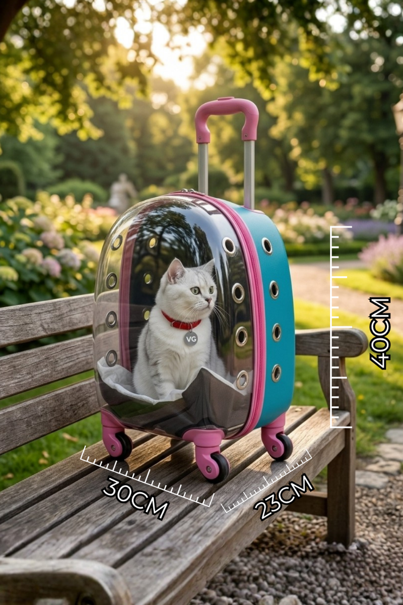 VG Astronot Şeffaf Kedi ve Köpek Taşıma Valizi | Tekerlekli Pet Taşıma Çantası Mavi