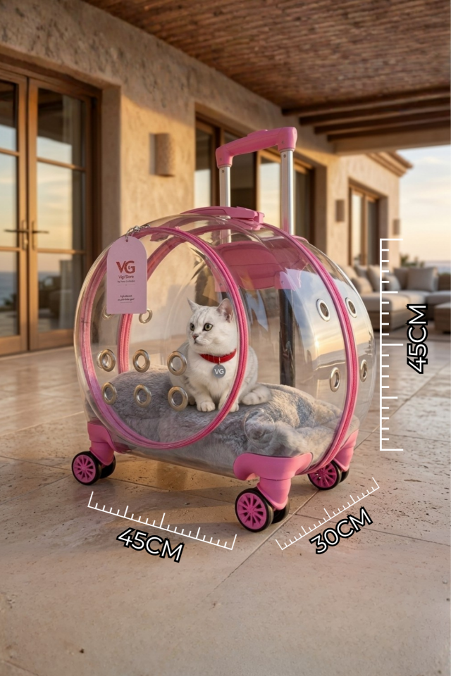 VG Premium XL Çekçekli Kedi Taşıma Valizi | Şeffaf Astronot Kedi & Küçük Köpek Taşıma Çantası Tekerlekli Şeffaf-Pembe