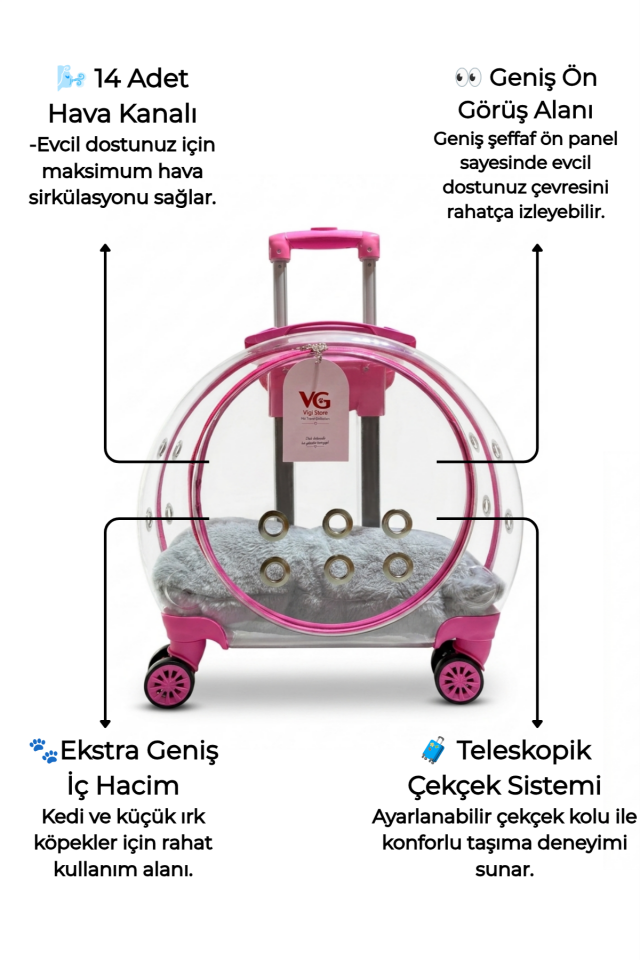 VG Premium XL Çekçekli Kedi Taşıma Valizi | Şeffaf Astronot Kedi & Küçük Köpek Taşıma Çantası Tekerlekli Şeffaf-Pembe