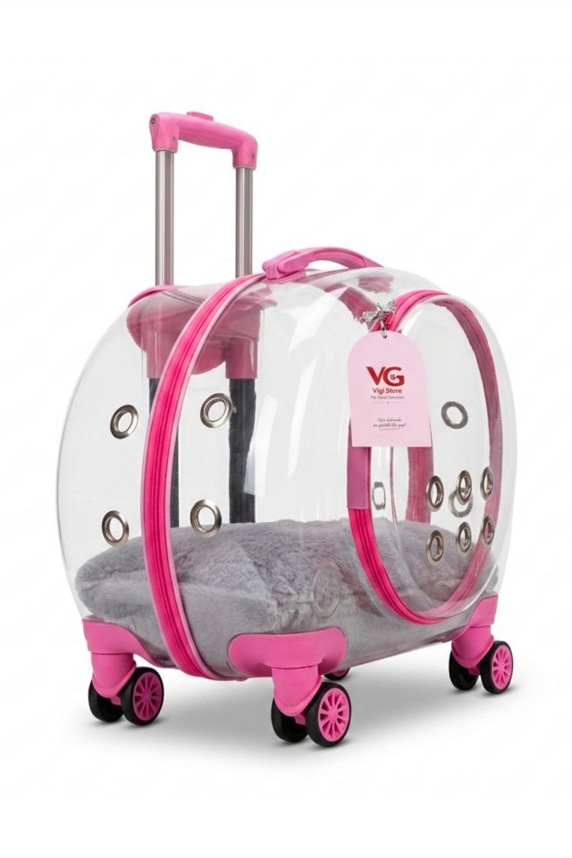 VG Premium XL Çekçekli Kedi Taşıma Valizi | Şeffaf Astronot Kedi & Küçük Köpek Taşıma Çantası Tekerlekli Şeffaf-Pembe