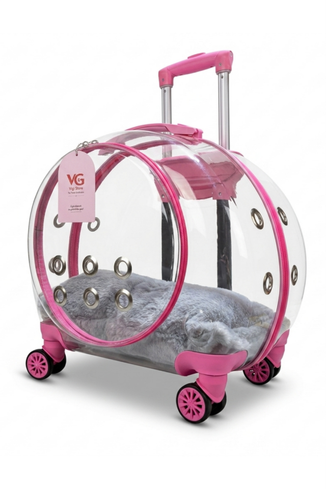 VG Premium XL Çekçekli Kedi Taşıma Valizi | Şeffaf Astronot Kedi & Küçük Köpek Taşıma Çantası Tekerlekli Şeffaf-Pembe