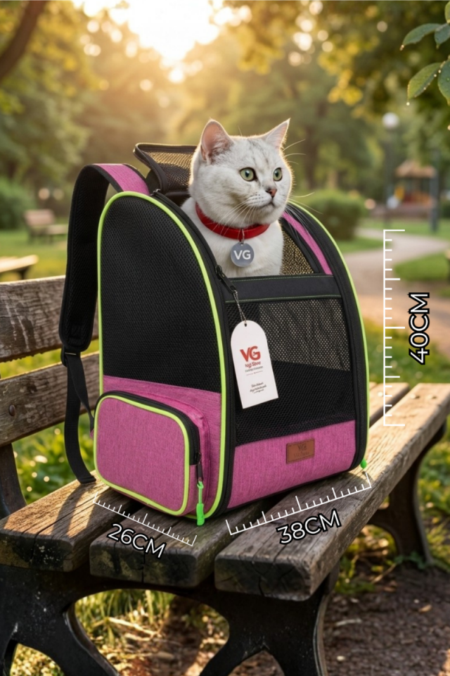 Vigi Store Premium Kedi ve Küçük Irk Köpek Taşıma Sırt Çantası -  Nefes Alabilir Fileli Pet Seyahat Çantası Pembe
