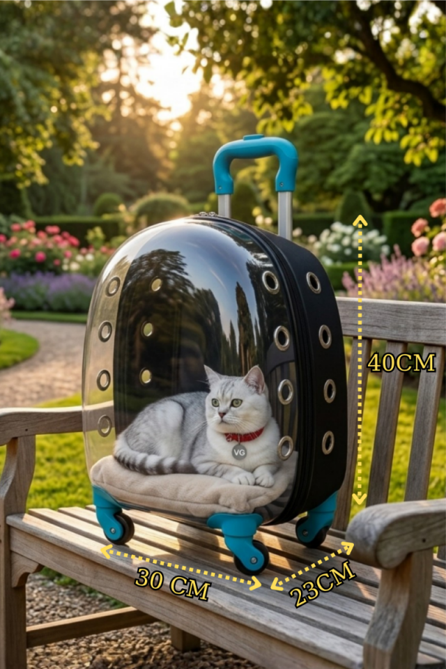 VG Astronot Şeffaf Kedi ve Köpek Taşıma Valizi | Siyah-Turkuaz | Tekerlekli Pet Taşıma Çantası