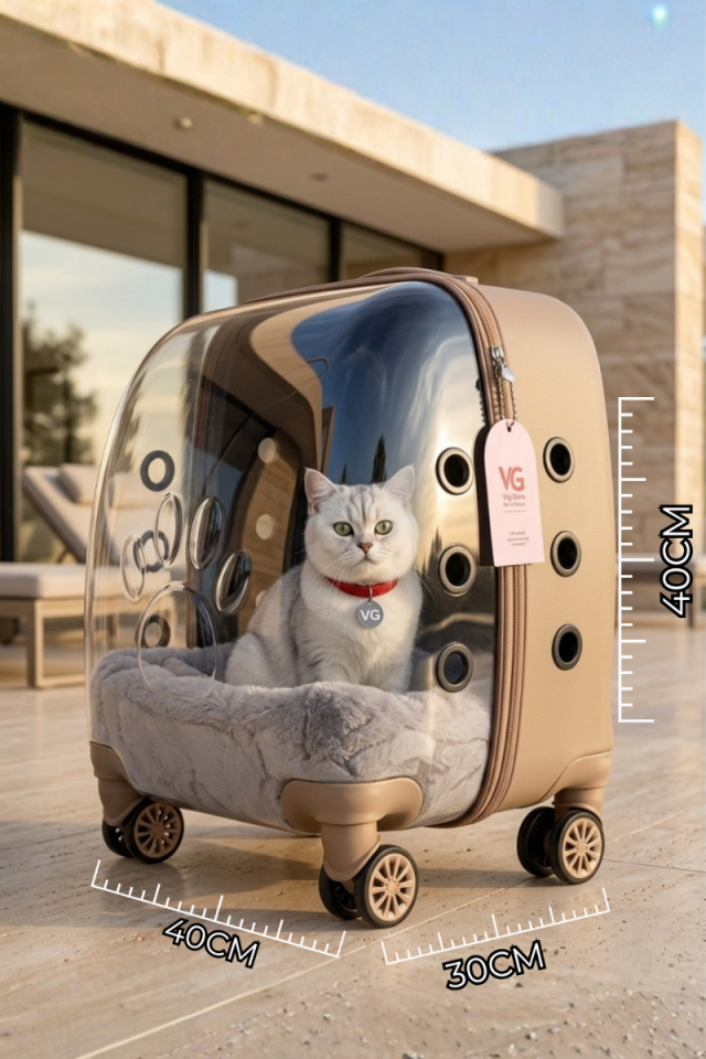 VG Premium Şeffaf Kedi ve Köpek Taşıma Valizi | Bej | Çekçekli Tekerlekli Pet Taşıma Çantası