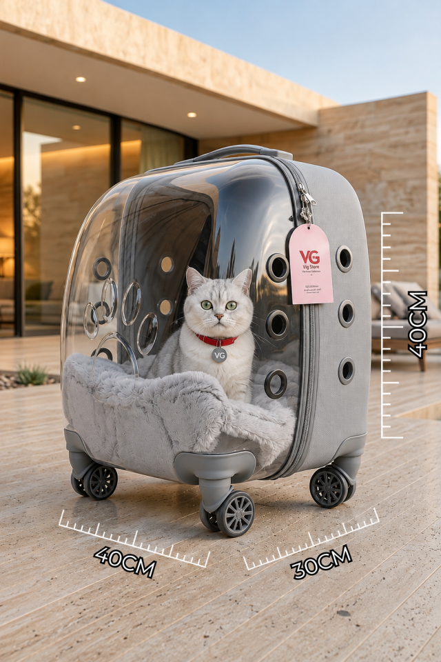 VG Premium Şeffaf Kedi ve Köpek Taşıma Valizi | Gri | Çekçekli Tekerlekli Pet Taşıma Çantası