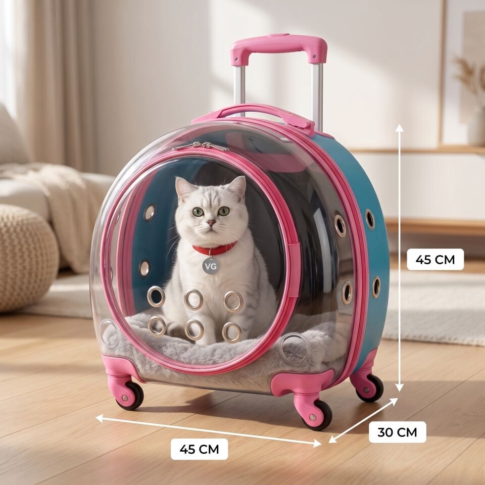 Şeffaf Tekerlekli Kedi Taşıma Çantası XL Pembe-Turkuaz