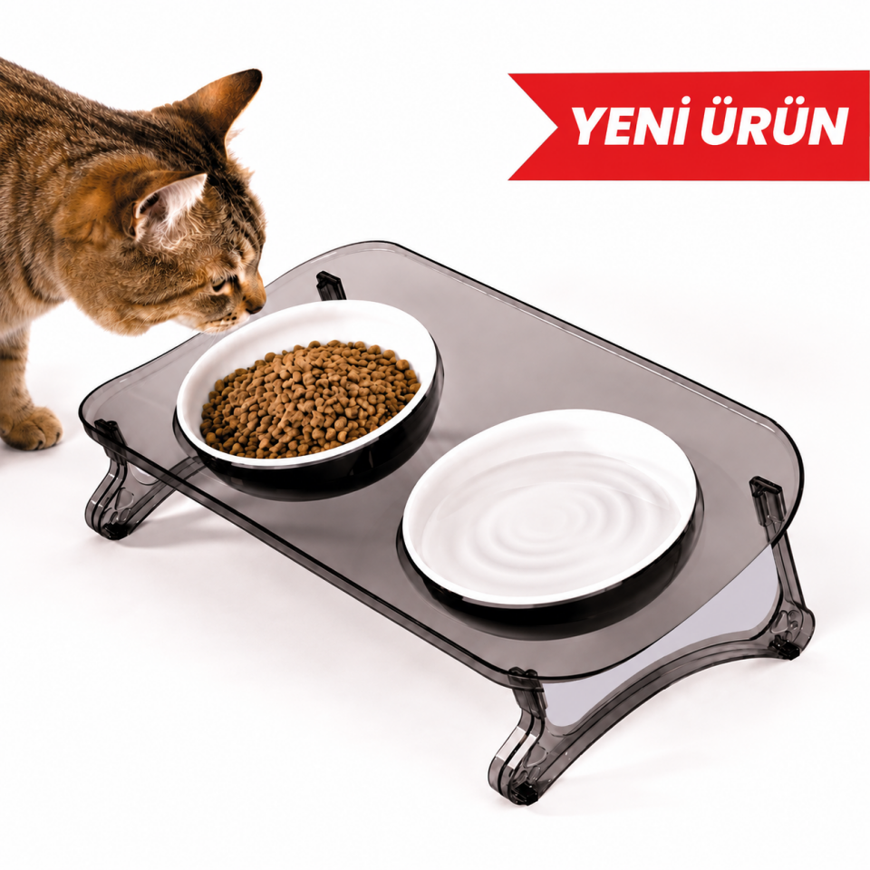 Yükseltilmiş Kedi Mama Kabı, Çift Kaseli 15° Eğimli – Çift Kaseli